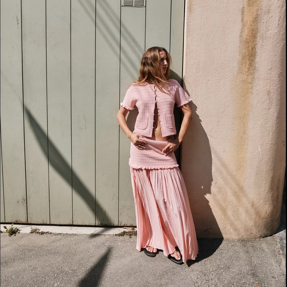 Zara Light Pink Maxi Skirt and Ruffled Knit Cardigan